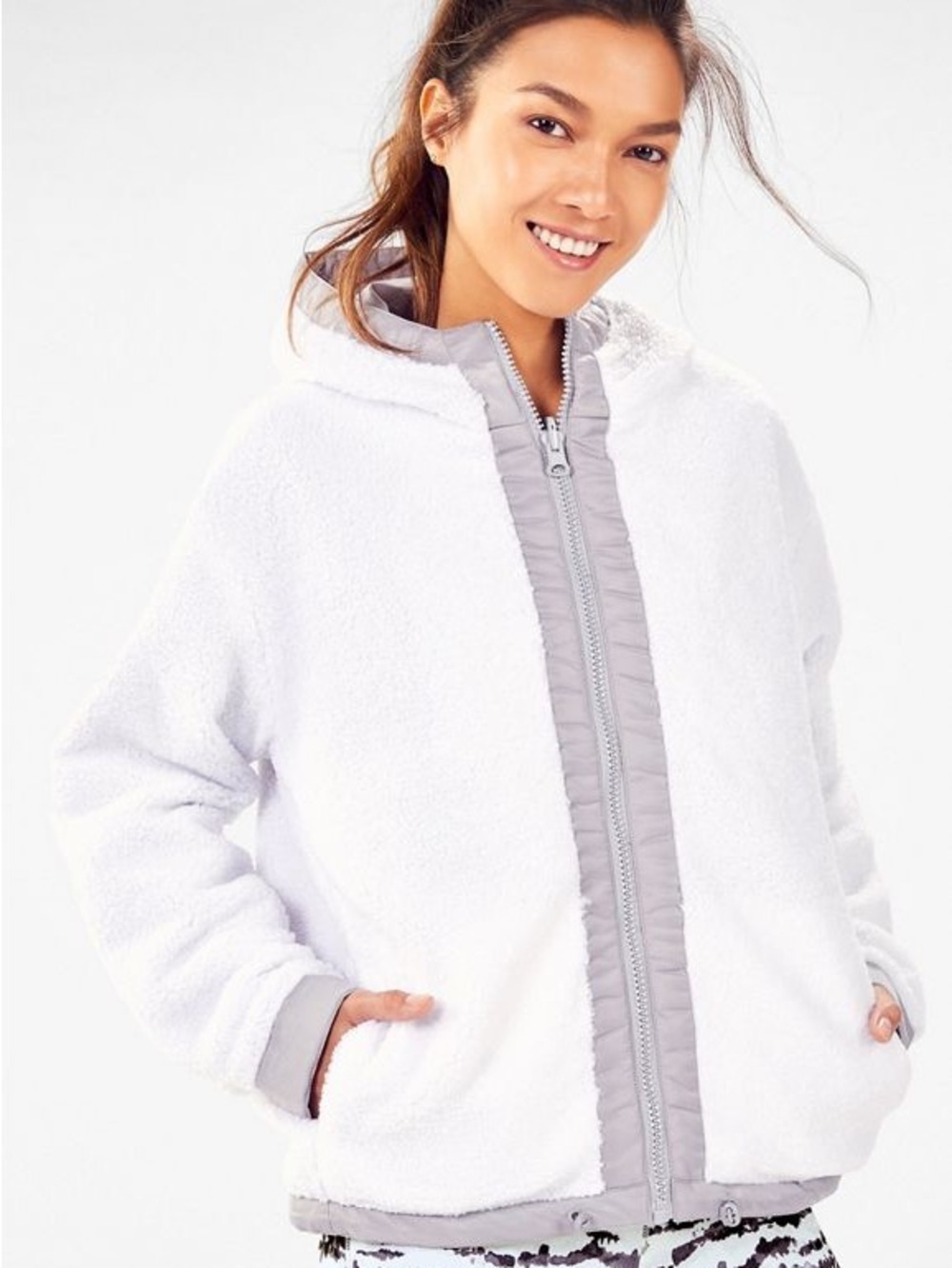 Fabletics Reversible Teddy Fleece Hooded Jacket – Cream/Grey (Fits L)